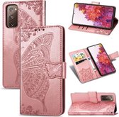 Voor Galaxy S20 FE / S20 Lite Butterfly Love Flower Reliëf Horizontale Flip Leren Case met Beugel / Kaartsleuf / Portemonnee / Lanyard (Rose Goud)