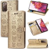 Voor Galaxy S20 FE / S20 Lite Leuke Kat en Hond Reliëf Horizontale Flip Leren Case met Beugel / Kaartsleuf / Portemonnee / Lanyard (Goud)