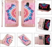 Voor Samsung Galaxy J3 (2018) Afdrukken Tweekleurig half mandala-patroon Dubbelzijdige magnetische gesp Horizontale flip lederen tas met houder & kaartsleuven & portemonnee & fotolijst & lany