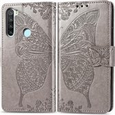 Voor xiaomi redmi note 8 vlinder liefde bloem reliëf horizontale flip lederen tas met beugel / kaartsleuf / portemonnee / lanyard (grijs)
