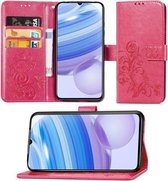 Voor Xiaomi Redmi 10X Pro 5G / 10X 5G Vierbladige sluiting Reliëfgesp Mobiele telefoonbescherming Leren hoes met Lanyard & Card Slot & Wallet & Bracket-functie (magenta)