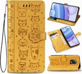 Voor xiaomi redmi 10X pro 5g / 10x 5g schattige kat en hond reliëf horizontale flip lederen tas met beugel / kaartsleuf / portemonnee / lanyard (geel)