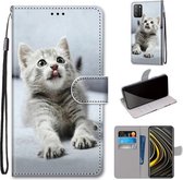 Voor Xiaomi Poco M3 Gekleurde Tekening Cross Textuur Horizontale Flip PU Lederen Case met Houder & Kaartsleuven & Portemonnee & Lanyard (Kleine Grijze Kat)