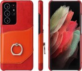 Voor Samsung Galaxy S21 Ultra 5G Fierre Shann Olie Wax Textuur Lederen Cover Case met 360 Graden Rotatie houder & Card Slot (Rood)