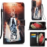 Voor Samsung Galaxy S21 Ultra 5G Gekleurd tekeningpatroon Vlak geweven horizontaal Flip lederen hoesje met houder & kaartsleuf & portemonnee & lanyard (katten en tijgers)