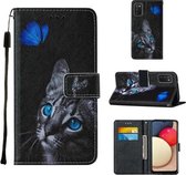 Voor Samsung Galaxy A02s (Europese versie) Cross Texture Painting Pattern Horizontale Flip Leather Case met houder & kaartsleuven & portemonnee & Lanyard (Blue Butterfly Cat Eyes)