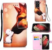 Voor Samsung Galaxy S21 Ultra 5G Gekleurde tekening patroon Plain Weave horizontale Flip lederen tas met houder & kaartsleuf & portemonnee & lanyard (Hound Kiss)