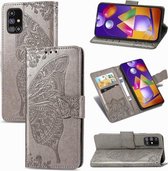 Voor Samsung Galaxy M31s Butterfly Love Flower Reliëf Horizontale Flip Leren Case met Houder & Kaartsleuven & Portemonnee & Lanyard (Grijs)