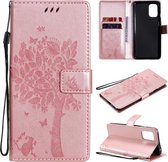 Voor OnePlus 8T Tree & Cat Pattern Pressed Printing Horizontale Flip PU lederen hoes met houder & kaartsleuven & portemonnee & lanyard (roségoud)