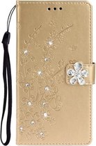 Voor Galaxy A20s Plum Blossom Pattern Diamond Encrusted Leather Case met houder & kaartsleuven & portemonnee (goud)