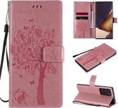 Voor Samsung Galaxy Note20 Ultra Tree & Cat Pattern Pressed Printing Horizontale Flip PU lederen tas met houder & kaartsleuven & portemonnee & lanyard (roze)
