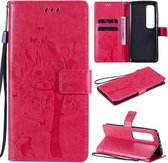 Voor Xiaomi Mi 10 Ultra Tree & Cat Pattern Pressed Printing Horizontale Flip PU lederen tas met houder & kaartsleuven & portemonnee & Lanyard (Rose Red)