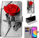 Voor Xiaomi Mi CC9e / A3 Gekleurde Tekening Cross Textuur Horizontale Flip PU Lederen Case met Houder & Kaartsleuven & Portemonnee & Lanyard (Hout Rode Roos)