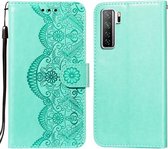 Voor Huawei nova 7 SE Flower Vine Embossing Pattern Horizontale Flip Leather Case met Card Slot & Holder & Wallet & Lanyard (Green)