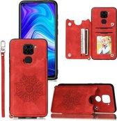 Voor Xiaomi Redmi Note 9 Mandala reliëf PU + TPU-hoesje met houder & kaartsleuven & fotolijst & riem (rood)