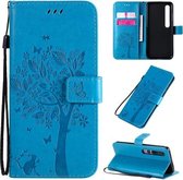 Voor Xiaomi Mi 10 5G / Mi 10 Pro 5G Tree & Cat Pattern Pressed Printing Horizontale flip PU lederen tas met houder & kaartsleuven & portemonnee & lanyard (blauw)