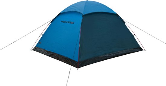Blauwe en donkerblauwe koepeltent van High Peak met rode accenten, opgebouwd met scheerlijnen.