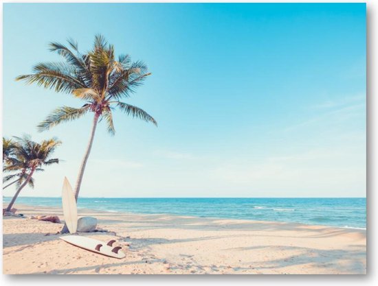 Surfplank met palmboom op tropisch strand - vintage kleurtoon | Canvas Liggend | Landschap | Natuur