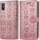 Voor Xiaomi Redmi 9A Leuke Kat en Hond Reliëf Horizontale Flip Leren Case met Houder & Kaartsleuven & Portemonnee & Lanyard (Rose Goud)