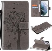 Voor Samsung Galaxy S21 5G Tree & Cat Pattern Pressed Printing Horizontale Flip PU Leather Case met houder & kaartsleuven & portemonnee & Lanyard (grijs)