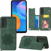 Voor Huawei Y7a Mandala reliëf PU + TPU hoesje met houder & kaartsleuven & fotolijst & riem (groen)