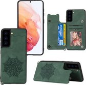 Voor Samsung Galaxy S21 5G Mandala reliëf PU + TPU hoesje met houder & kaartsleuven & fotolijst & riem (groen)