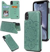 Bloem reliëfpatroon schokbestendig beschermhoes met houder & kaartsleuven en fotolijst voor iPhone XS Max (groen)