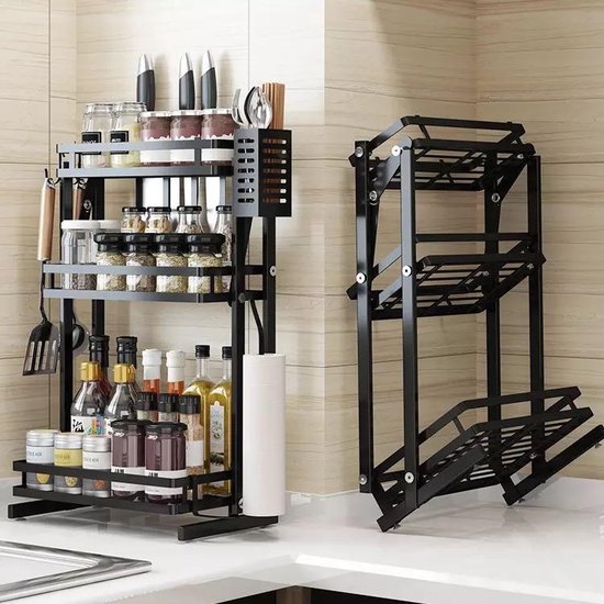 TammaT - Kruidenrek - Kruidenrek Staand - Inklapbare Keukenrek - 3-laags 35x21x56,5CM - Keuken Organizer - Aanrecht Organizer - Keuken Opslag - Roestvrij Staal - Opbergrek - Keuken organizers - Roestvrij en krasvrij
