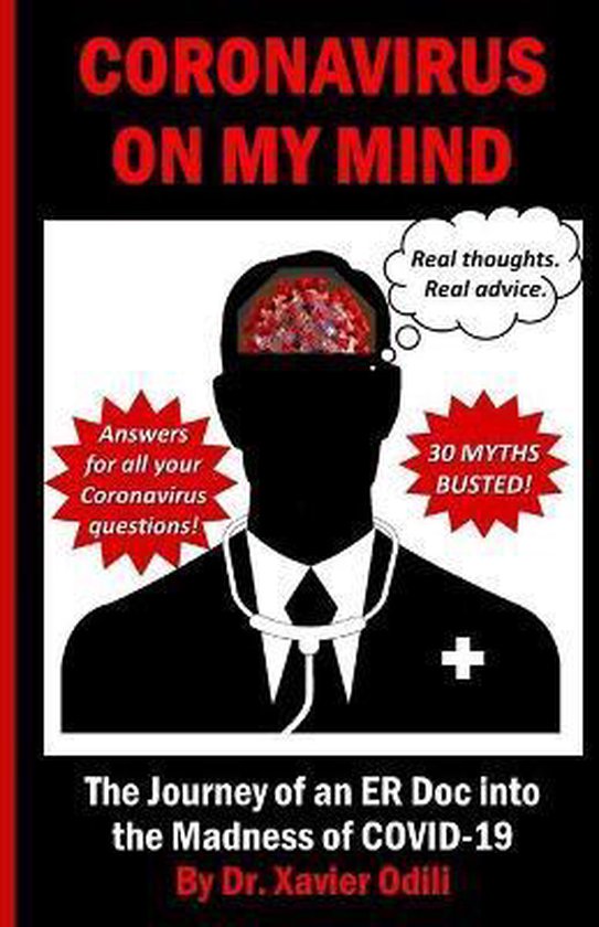 Boekomslag met een arts-silhouet, virusafbeelding in het hoofd en tekst: 'Coronavirus on my mind'.