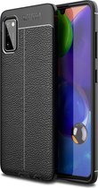 Samsung A41 Hoesje Shock Proof Siliconen Hoes Case | Back Cover TPU met Leren Textuur - Zwart