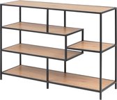 Asymmetrisch laag boekenrek in melamine wild eiken op zwart metalen frame