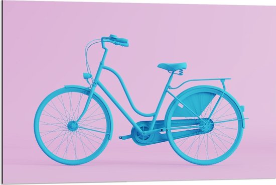 Dibond - Blauwe fiets met Roze Achtergrond - 90x60cm Foto op Aluminium (Met Ophangsysteem)