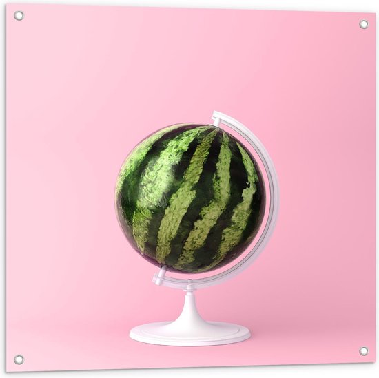 Tuinposter – Watermeloen op Wereldbolstandaard - 80x80cm Foto op Tuinposter  (wanddecoratie voor buiten en binnen)
