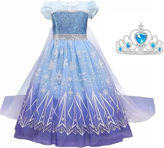 Elsa jurk blauw Classic Deluxe 110-116 (120) - lange sleep + kroon Prinsessen jurk verkleedkleding verkleedjurk