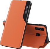 Voor Samsung Galaxy A20S zijscherm magnetisch schokbestendig horizontaal flip lederen tas met houder (oranje)