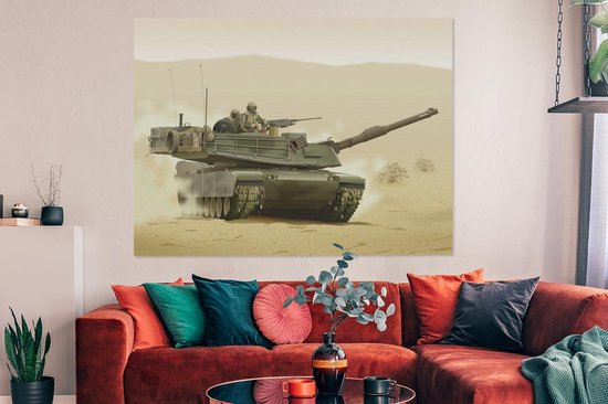 Une illustration d'un tank dans le désert sur toile 160x120 cm - Tirage photo sur toile (Décoration murale salon / chambre) XXL / Groot format!