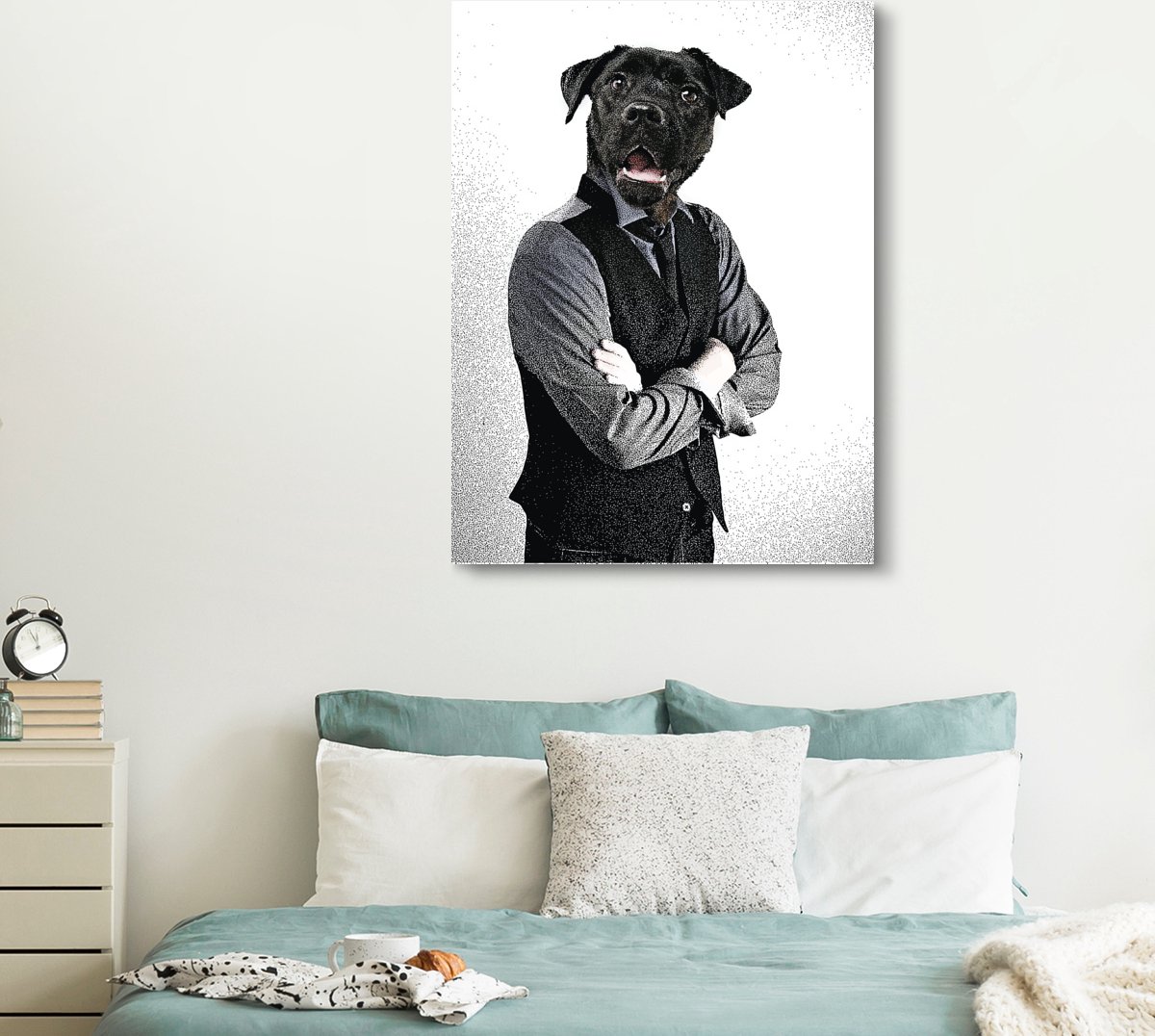 Un portrait d'homme bien habillé avec une tête de chien sur toile 120x160  cm - Tirage