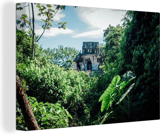Jungle ruin in Palenque Mexico Canvas 180x120 cm - Tirage photo sur toile (Décoration murale salon / chambre) XXL / Groot format!