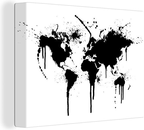 Canvas Wereldkaart - 80x60 - Wanddecoratie Wereldkaart - Inkt - Zwart