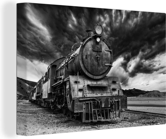 Canvas schilderij 150x100 cm - Wanddecoratie Zwart-wit foto van een stoomtrein in het Aziatische Jordanië - Muurdecoratie woonkamer - Slaapkamer decoratie - Kamer accessoires - Schilderijen