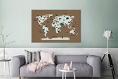 Canvas Wereldkaart - 180x120 - Wanddecoratie Wereldkaart - Dieren - Bruin