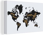 Canvas Wereldkaart - 90x60 - Wanddecoratie Wereldkaart - Letters - Goud