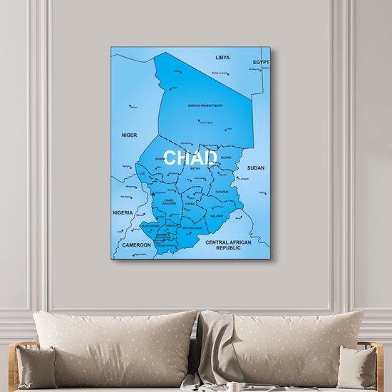 Une illustration d'une carte bleue du Tchad sur toile 120x160 cm - Tirage photo sur toile (Décoration murale salon / chambre) XXL / Groot format!