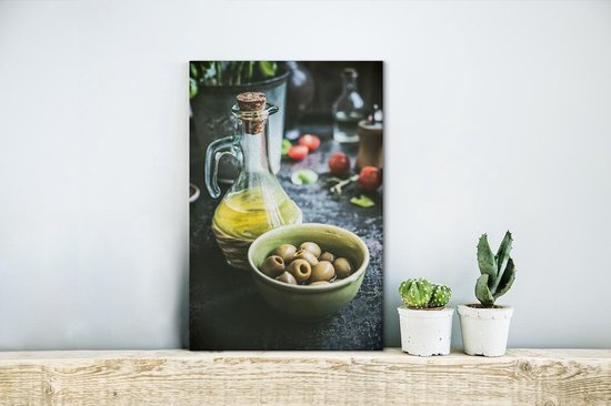 Olives dans un bol et une bouteille en verre à l'huile 20x30 cm - petit - Tirage photo sur toile (Décoration murale salon / chambre)