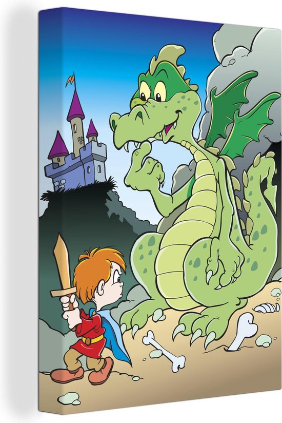 Canvas Schilderij Kinderillustratie Van Jongen Met Houten Zwaard En canvas-schilderij-kinderillustratie-van-jongen-met-houten-zwaard-en
