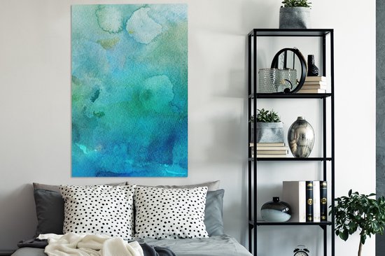 Oeuvre abstraite réalisée à l'aquarelle et aux couleurs bleues et vertes 90x140 cm - Tirage photo sur toile (Décoration murale salon / chambre)