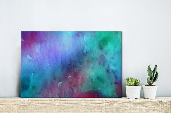 Oeuvre abstraite faite à l'aquarelle et bleu avec des couleurs vertes et violettes 30x20 cm - petit - Tirage photo sur toile (Décoration murale salon / chambre)