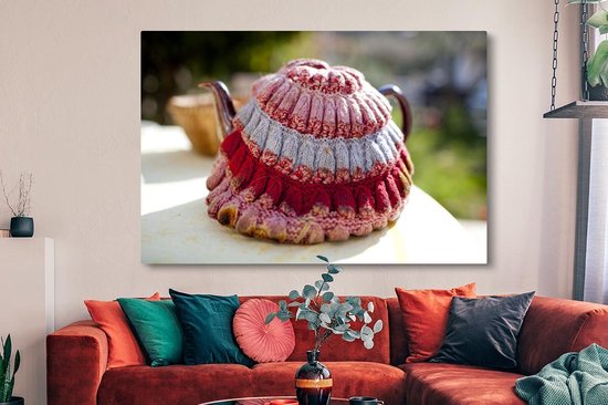 Tableau sur toile Thé cosy au-dessus d'une théière violette - 150x100 cm - Décoration murale