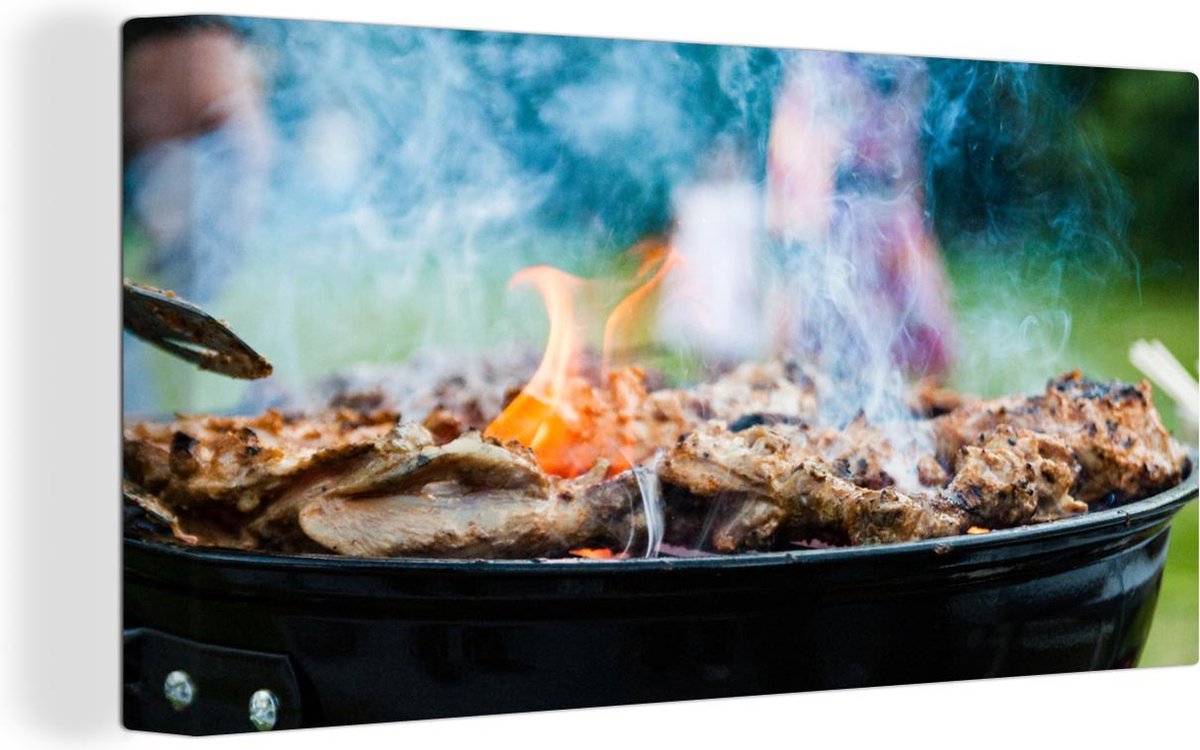 Canvas Schilderij BBQ - Vlees - Rook - 30x20 cm - Wanddecoratie