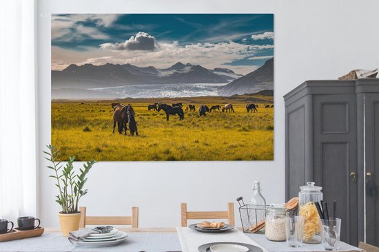Chevaux islandais dans une pelouse toile 2cm 180x120 cm - Tirage photo sur toile (Décoration murale salon / chambre) / Animaux sauvages Peintures sur toile XXL / Groot format!